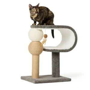 Whisker City® Curved Scratcher & Perch Carpet Cat Tower W/ Jute Scratching Post, Dangling Toy