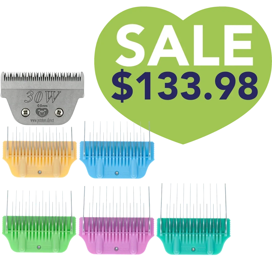 5pc Wide Glide Skip Tooth Comb Attachment Bundle with #30W Blade by PetStore.Direct