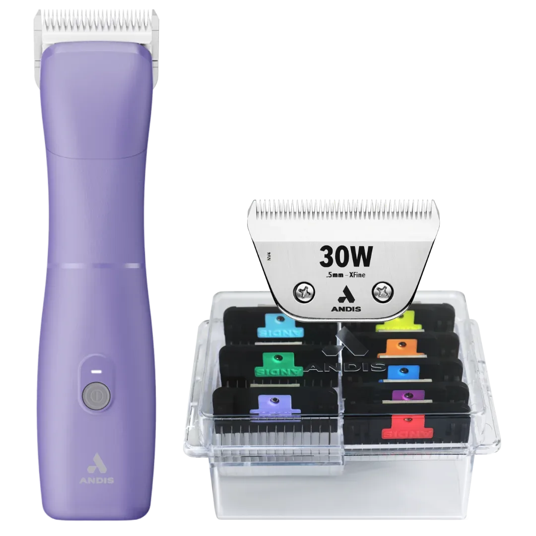 Emerge Clipper Purple with #30W Blade and 8Pc Wide Comb Attachment Bundle by Andis
