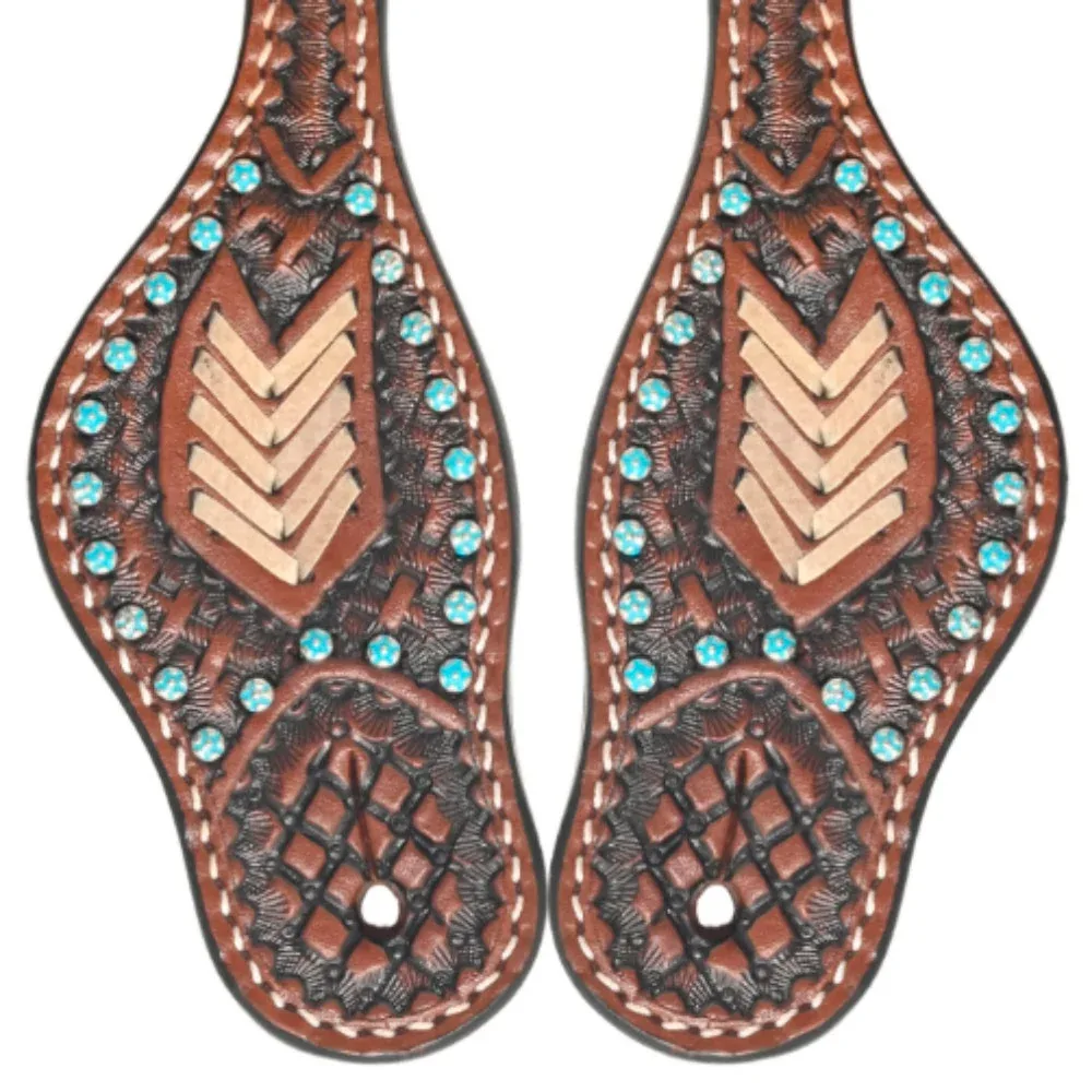 Rafter T Ranch Company Kids Youth Turquoise Stone Basket Stamp Spur Straps - Image 2