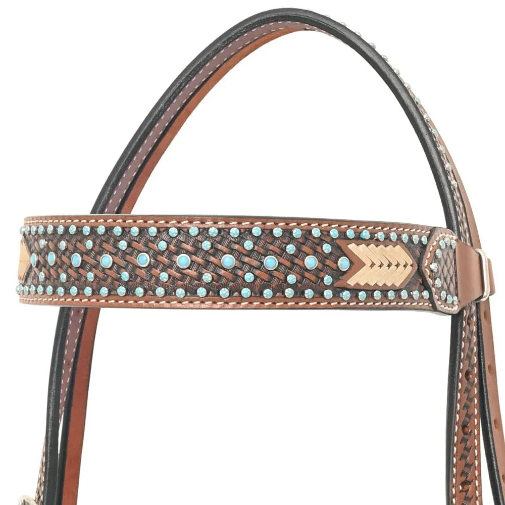 Rafter T Ranch Company Turquoise Stone Basket Stamp Browband Headstall - Image 2