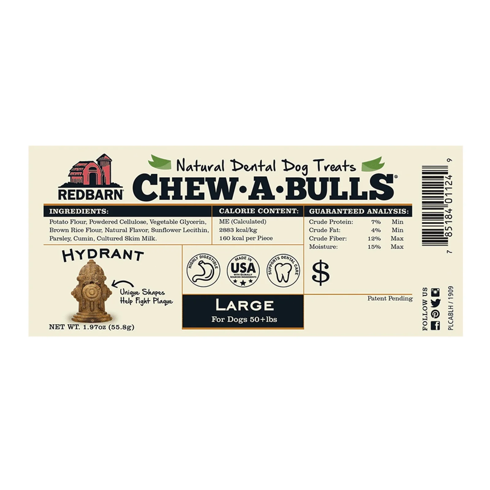 Redbarn Chew-A-Bulls Hydrant Dental Dog Treats, Large, 6-Pack