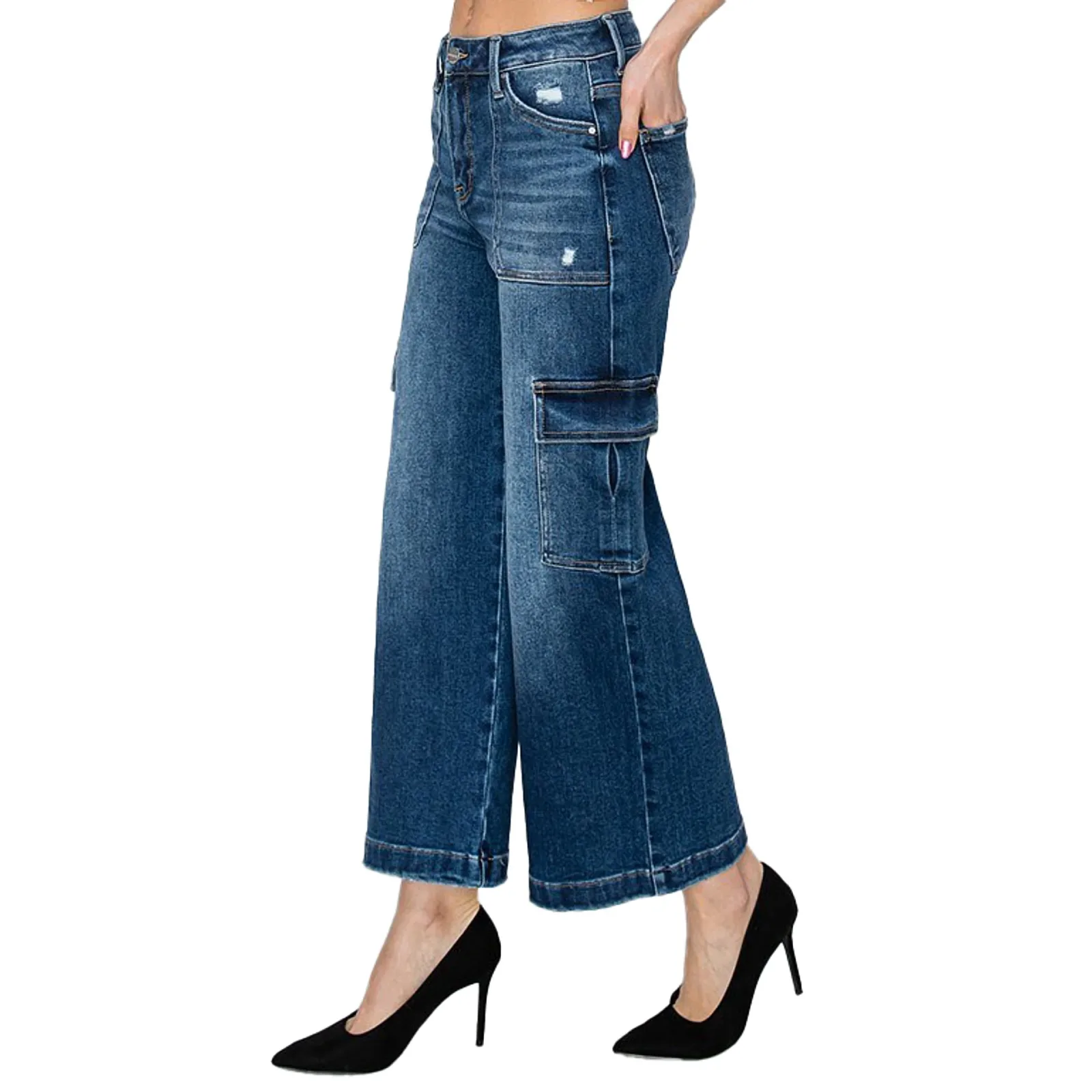 Risen Jeans Womens High Rise Crop Wide Leg Cargo Jean - Image 2