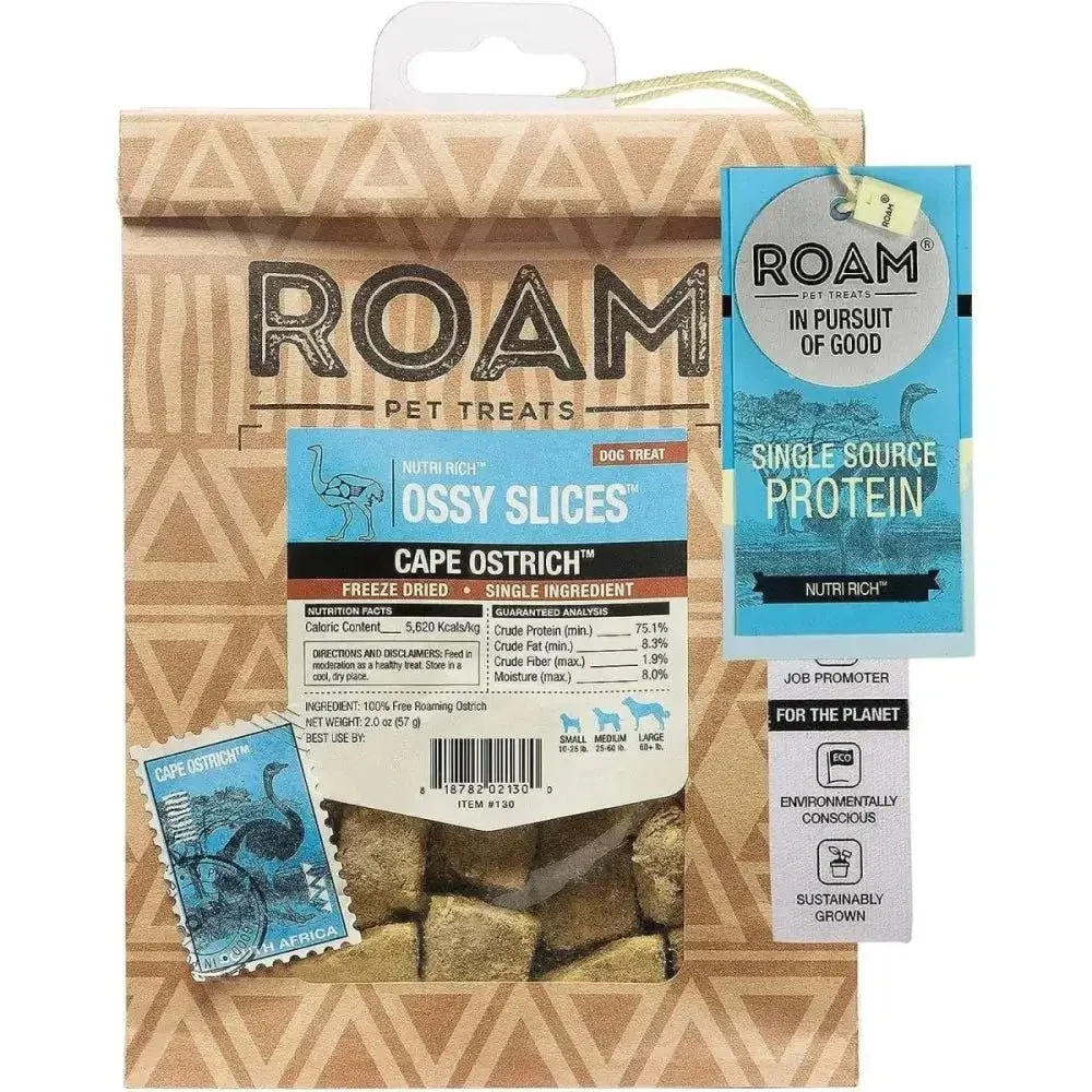 Roam Pet Ossy Slices Ostrich Novel Protein Freeze Dried Dog Treats 2 oz.