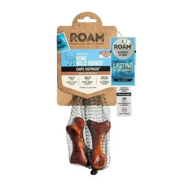 Roam Pet Treats Long Lasting Ostrich Gone Wild Dog Bone Treat 2pk