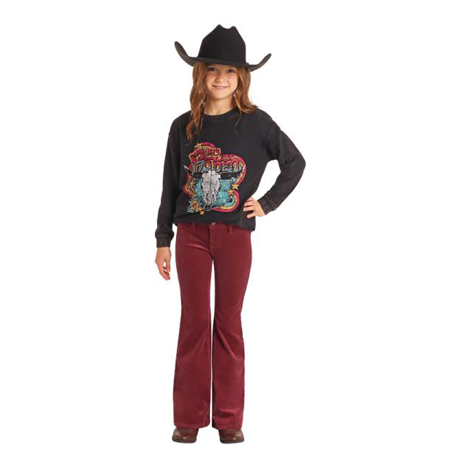 Rock & Roll Denim Girl's Maroon Corduroy Flare Pants - Image 2