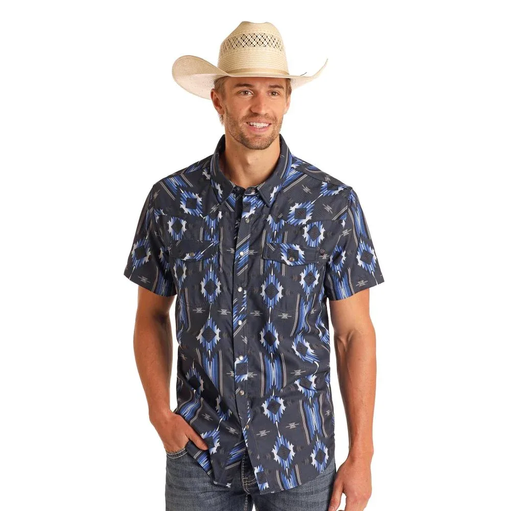 Rock & Roll Denim Mens N Navy Aztec TEK Short Sleeve Snap Shirt