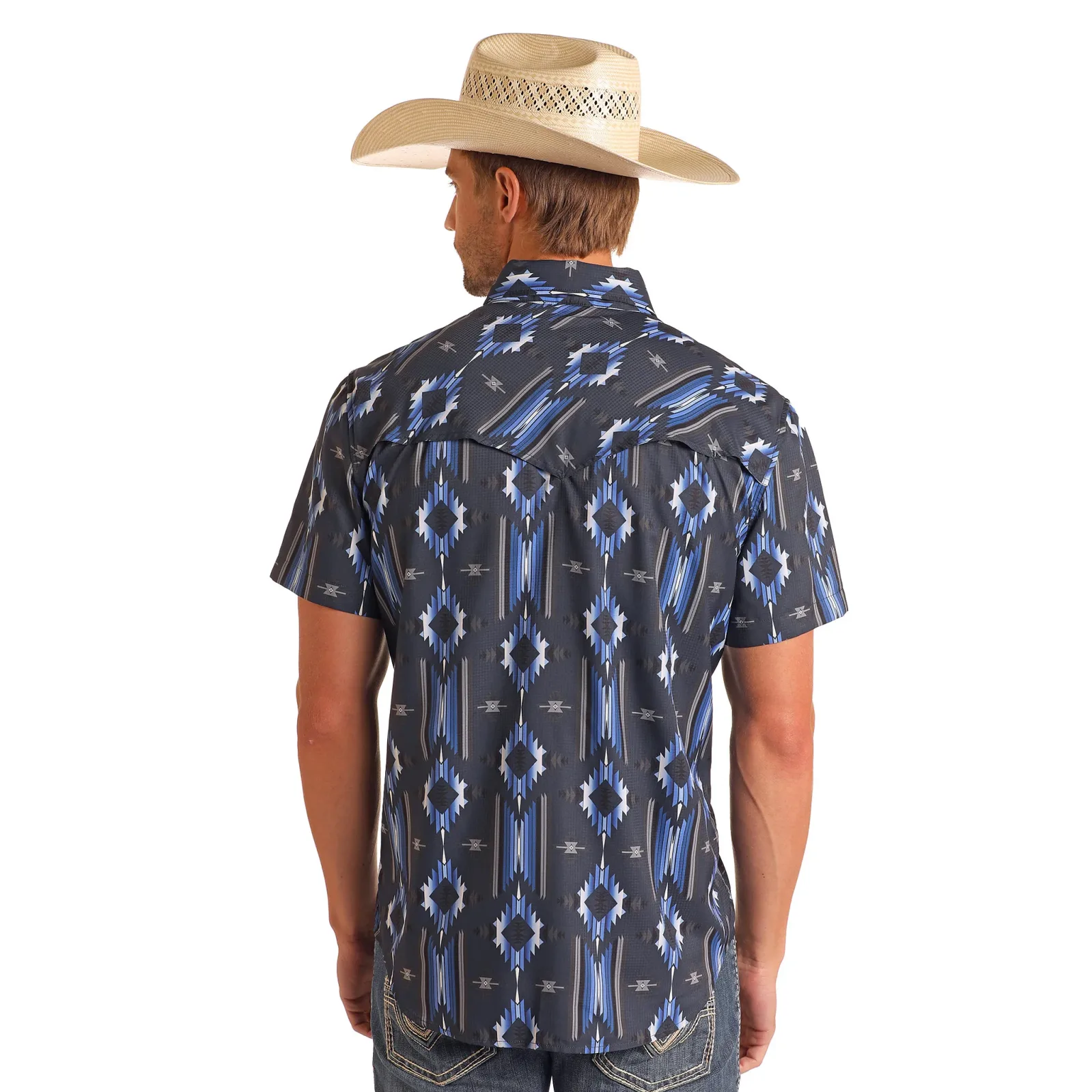 Rock & Roll Denim Mens N Navy Aztec TEK Short Sleeve Snap Shirt - Image 2