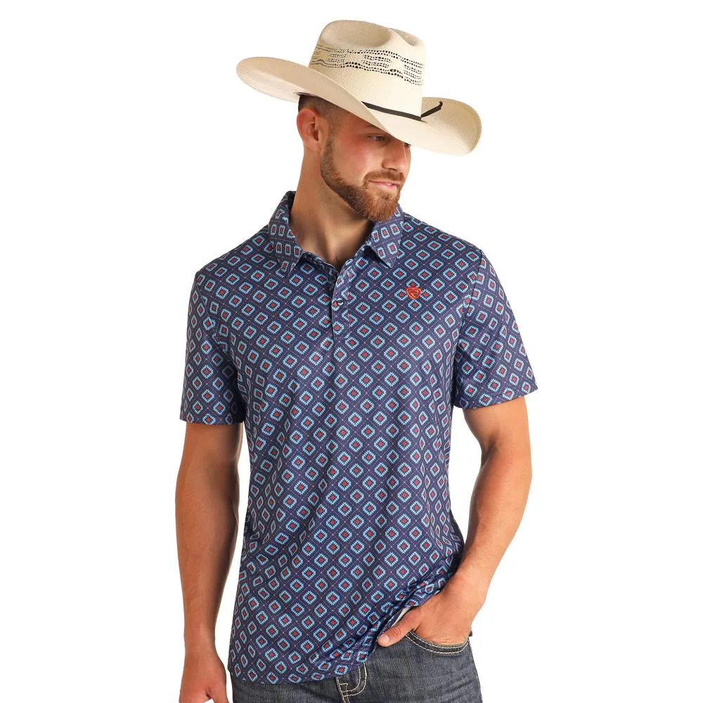 Rock & Roll Denim Mens Navy Geo Print Polo