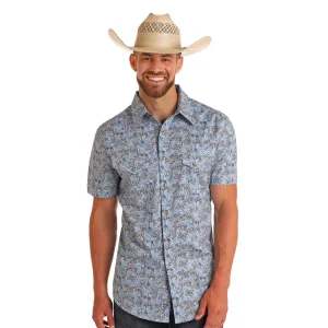 Rock & Roll Denim Mens Powder Blue Short Sleeve Snap Shirt