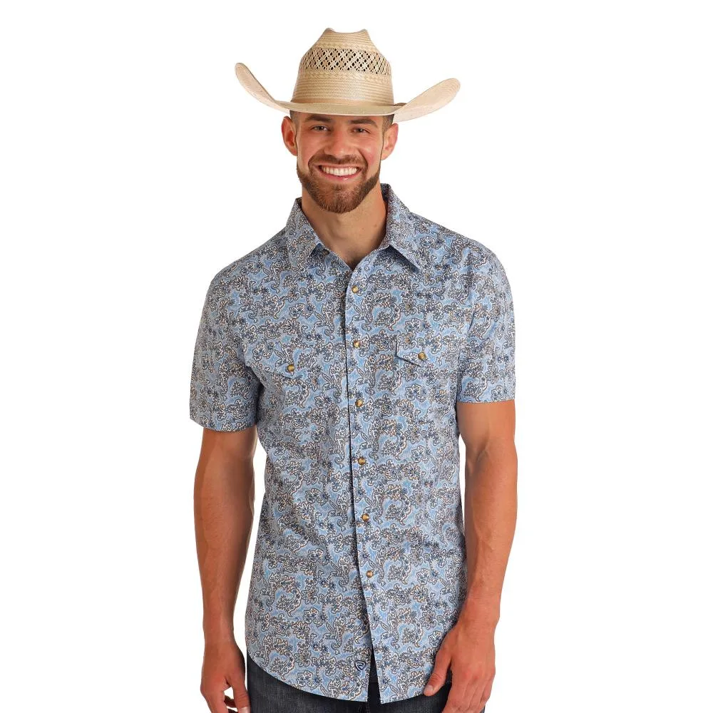 Rock & Roll Denim Mens Powder Blue Short Sleeve Snap Shirt