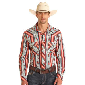 Rock & Roll Denim Mens Red Aztec Serape Stripe Long Sleeve Shirt