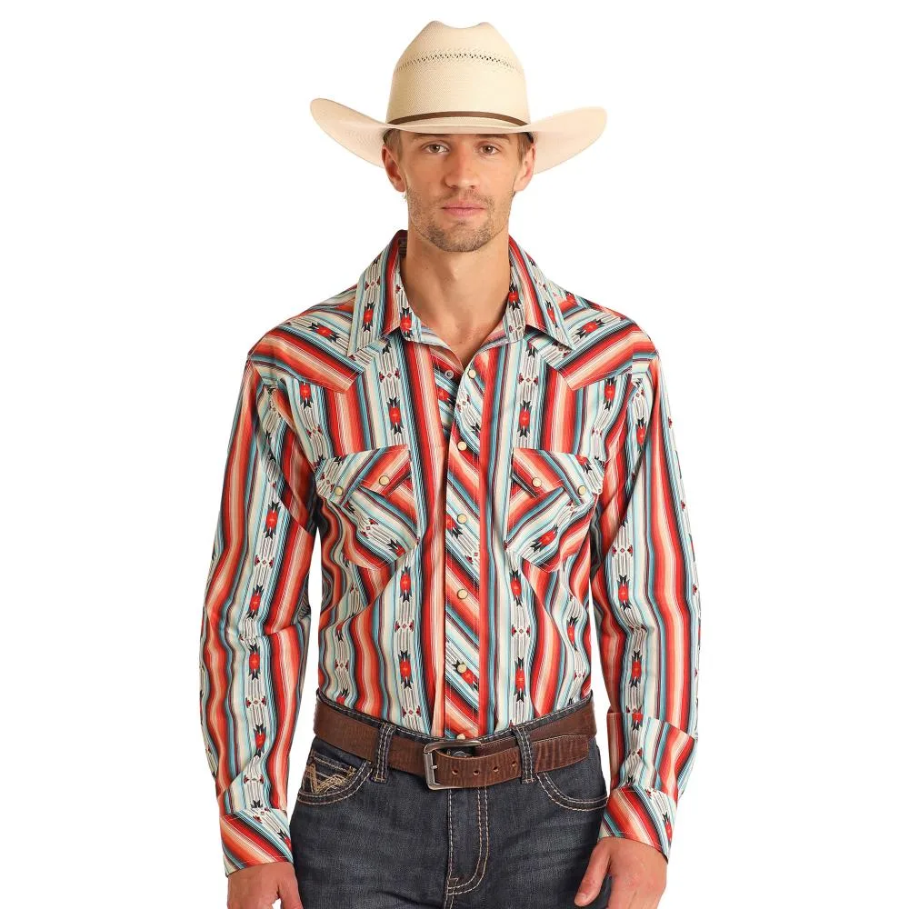 Rock & Roll Denim Mens Red Aztec Serape Stripe Long Sleeve Shirt
