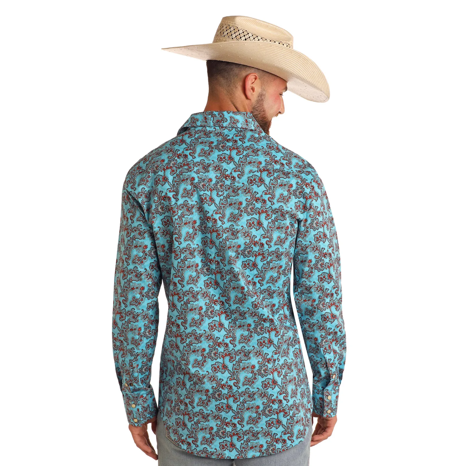Rock & Roll Denim Mens Turquoise Paisley Print Long Sleeve Button Down Shirt - Image 2