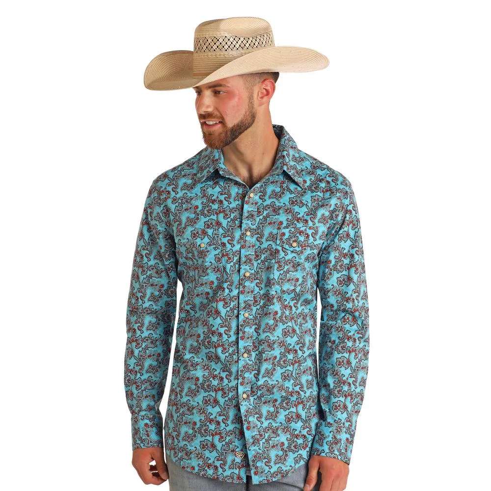 Rock & Roll Denim Mens Turquoise Paisley Print Long Sleeve Button Down Shirt