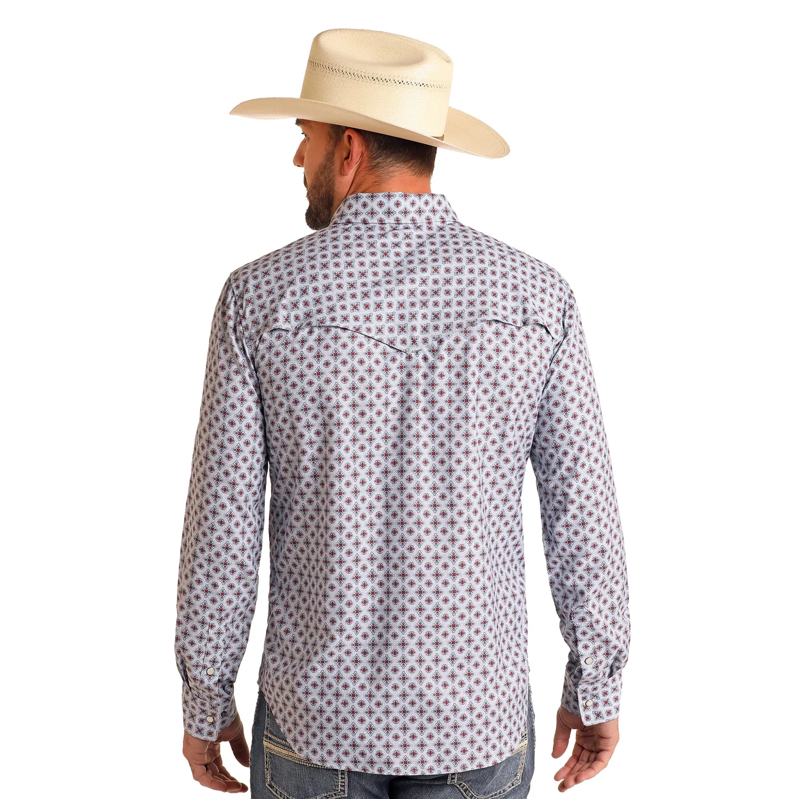 Rock & Roll Denim Mens White Geo Print Tek Long Sleeve Shirt - Image 2