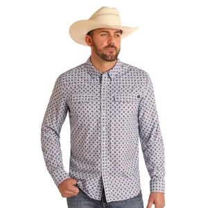 Rock & Roll Denim Mens White Geo Print Tek Long Sleeve Shirt