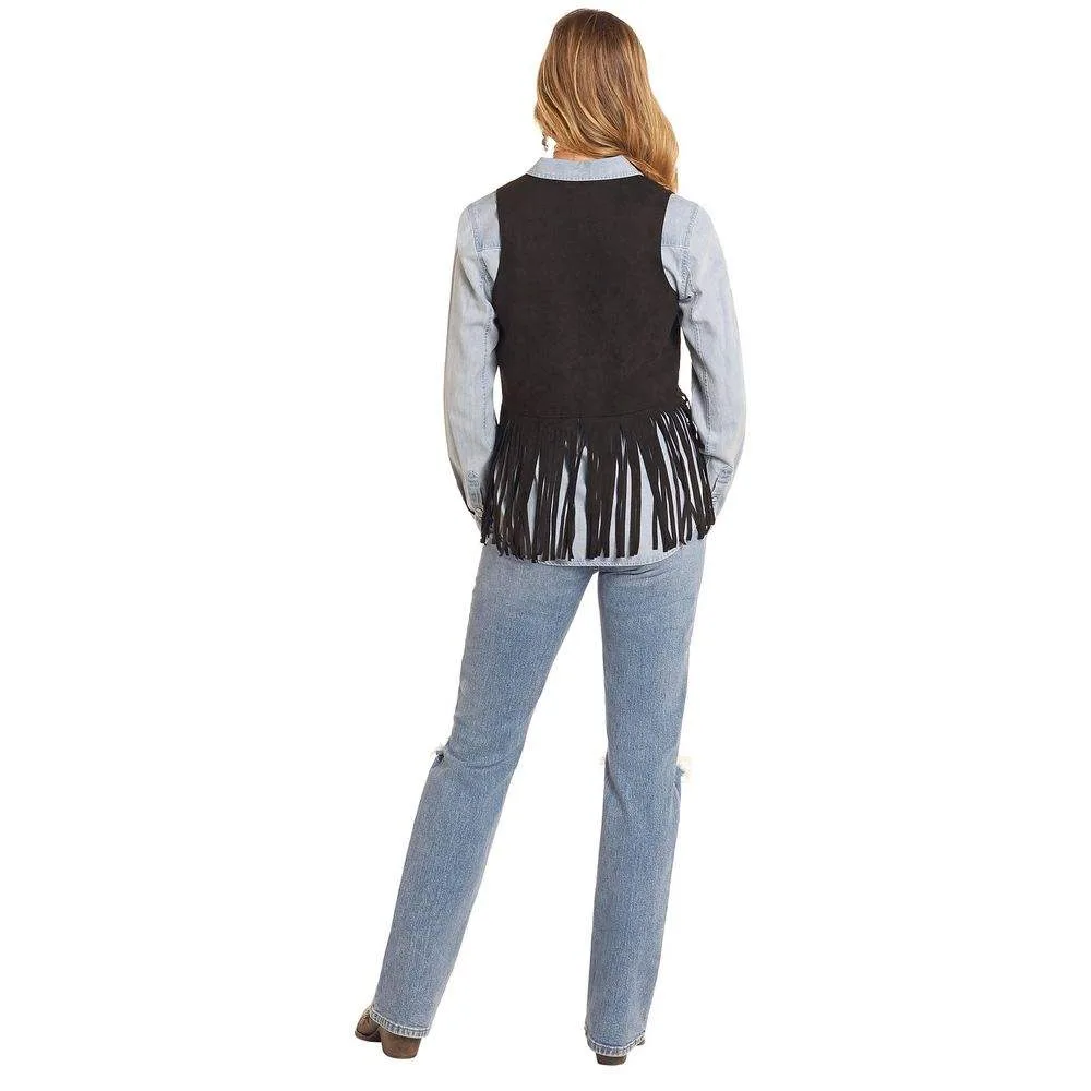 Rock & Roll Denim n Women's Black Studded Fringe Vest - Image 2
