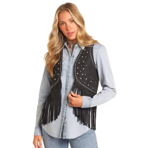 Rock & Roll Denim n Women's Black Studded Fringe Vest