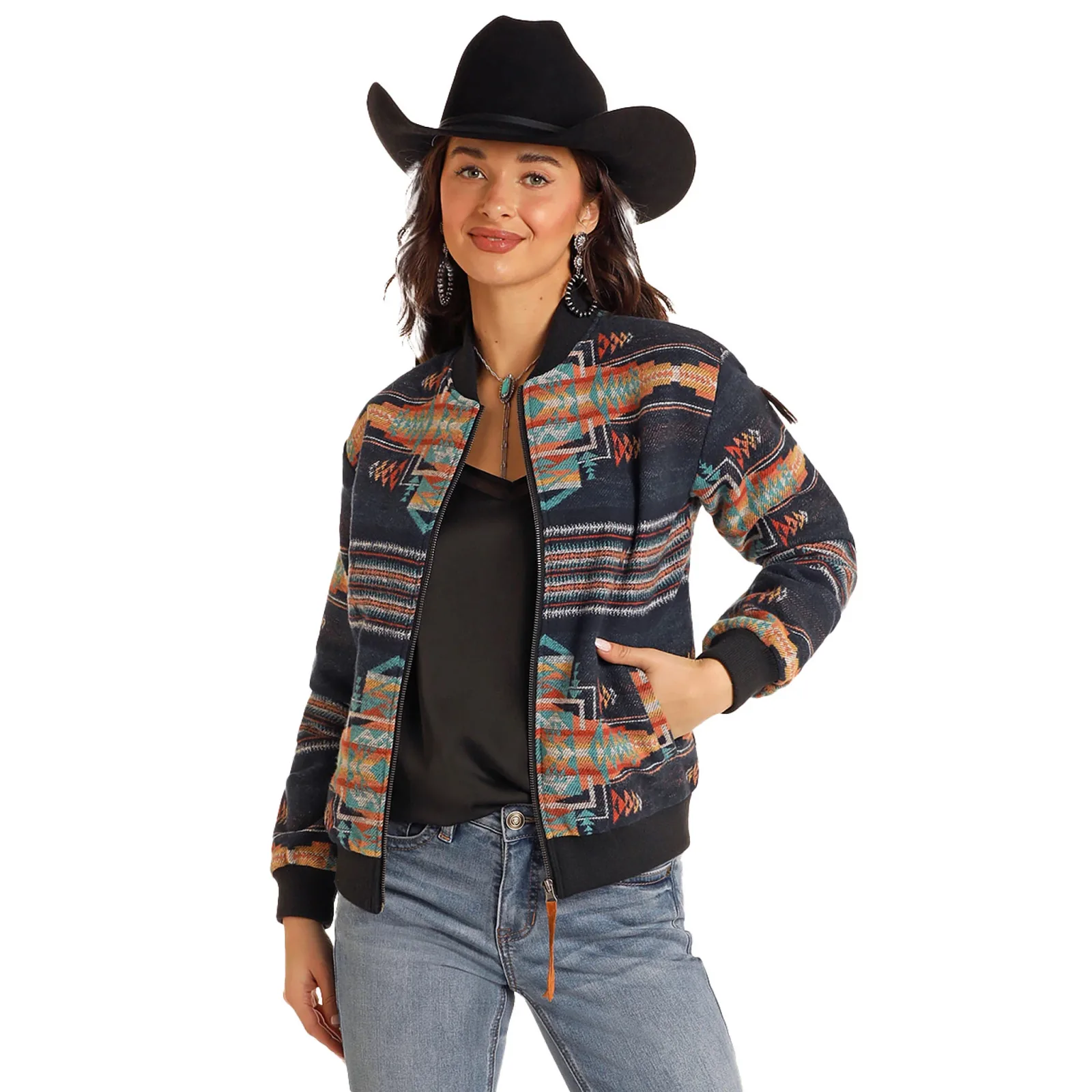 Rock & Roll Denim N Womens Charcoal Aztec Bomber Jacket - Image 2