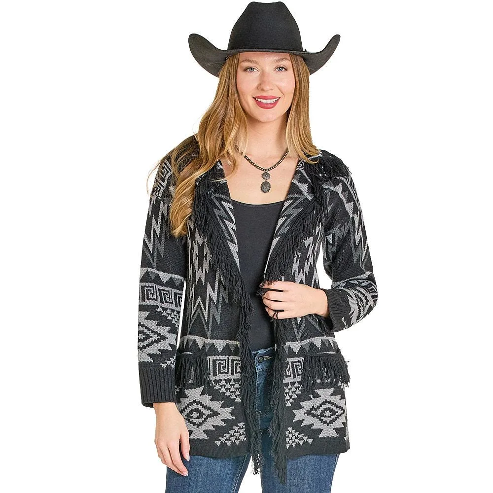 Rock & Roll Denim Women's Black Aztec Fringe Cardigan