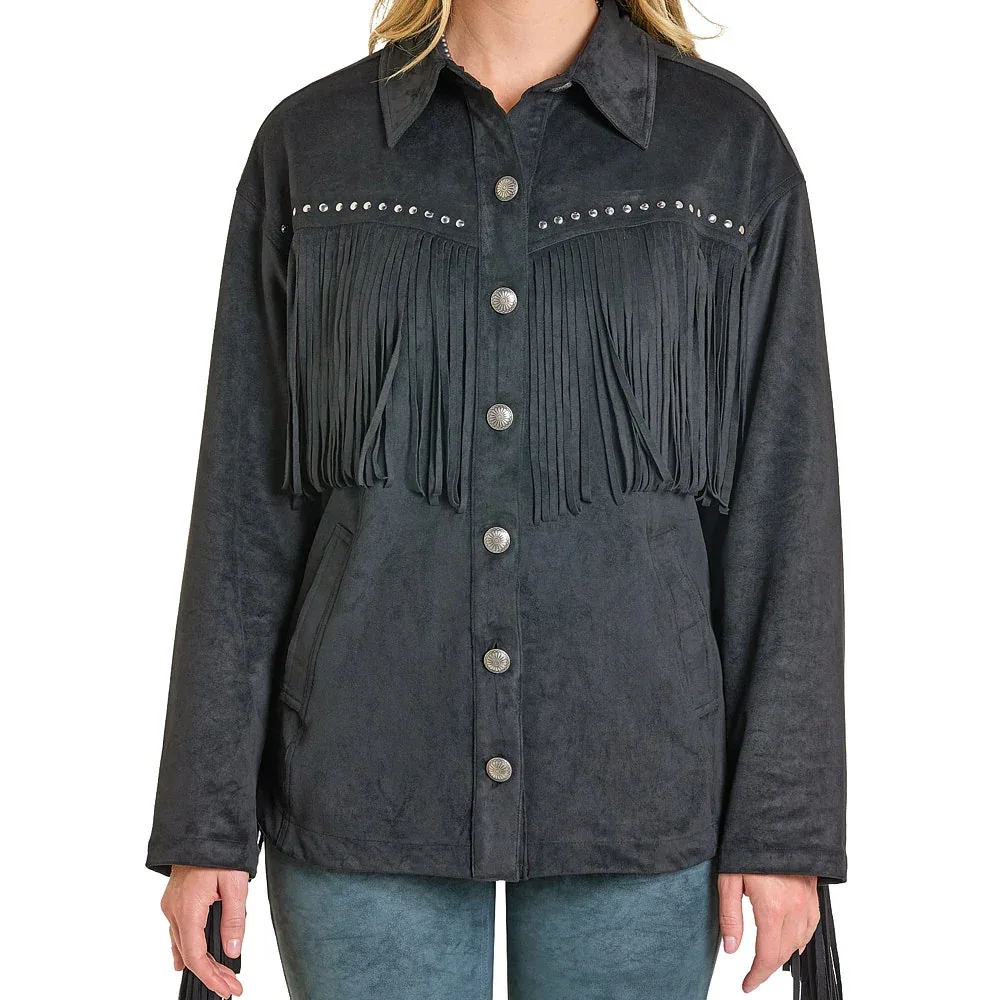 Rock & Roll Denim Women's Black Fringe Microsuede Shacket - Image 2