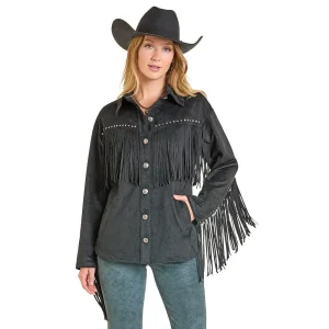 Rock & Roll Denim Women's Black Fringe Microsuede Shacket