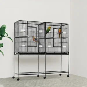 Rolling 65"L Bird Cage w/ Storage Shelf Wood Perch Food Container