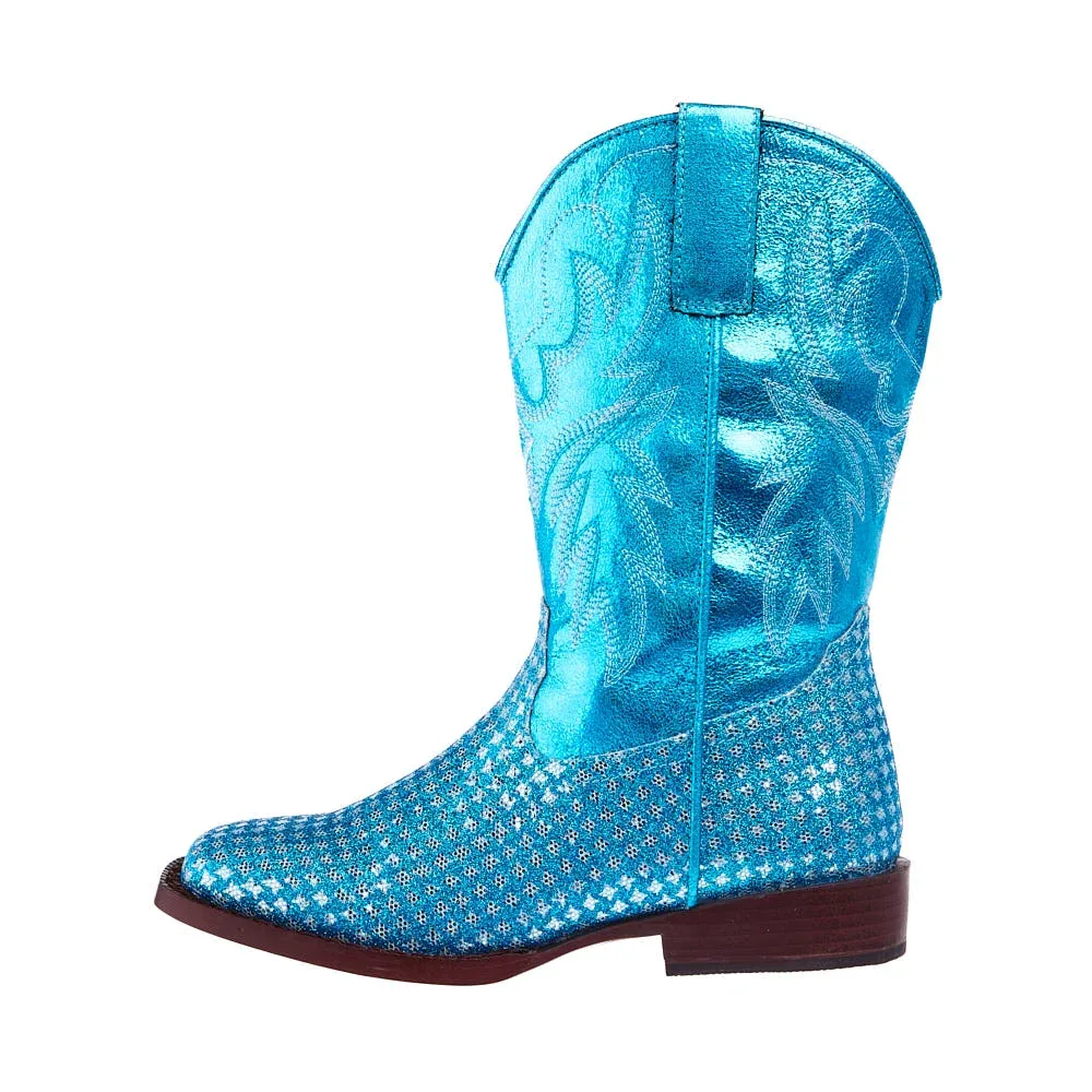 Roper Footwear Childrens Glitter Gleam Turquoise Checkered Cowgirl Boot - Image 2