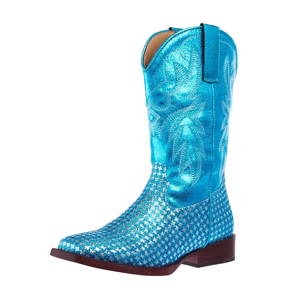 Roper Footwear Childrens Glitter Gleam Turquoise Checkered Cowgirl Boot