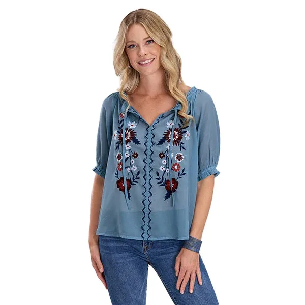 ROPER Womens Blue Georgette Peasant Blouse