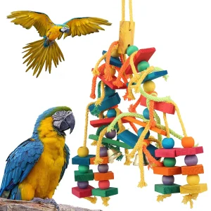 Safe Parrot Chew Toy with Hook Colorful Wooden Beads Ropes Natural Blocks Tearing Toys for Small Medium Birds