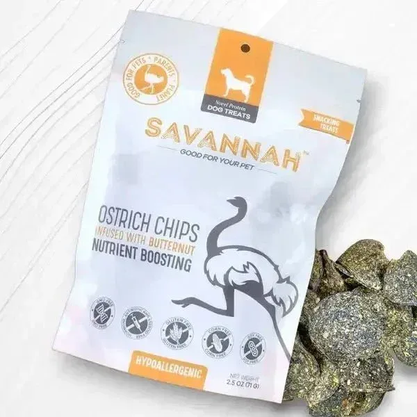 Savannah Hypoallergenic Ostrich Chips. Dog Treats with Nutritious Butternut 2.5oz