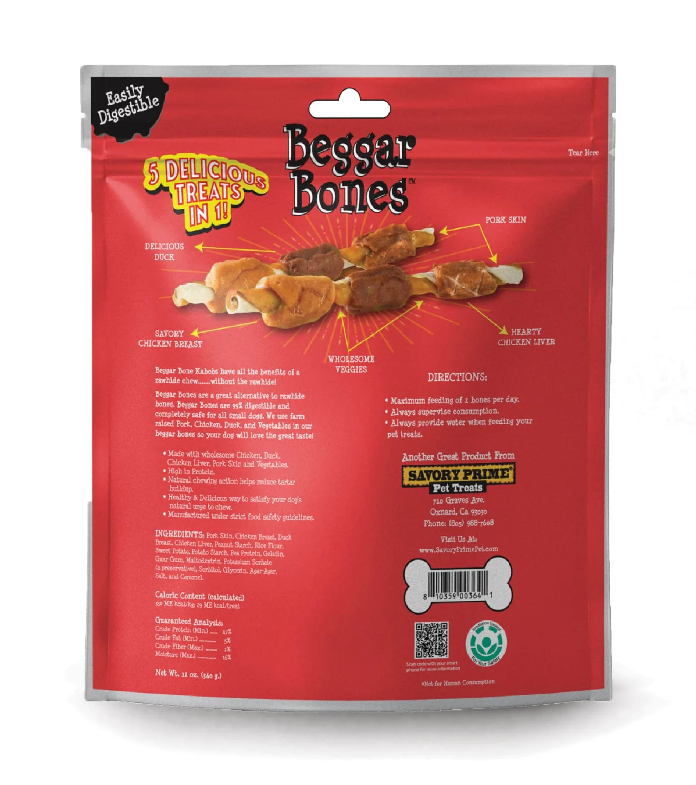Savory Prime Beggar Bone, 5-in-1 Kabobs Dog Treats, 4 oz, 6 ct