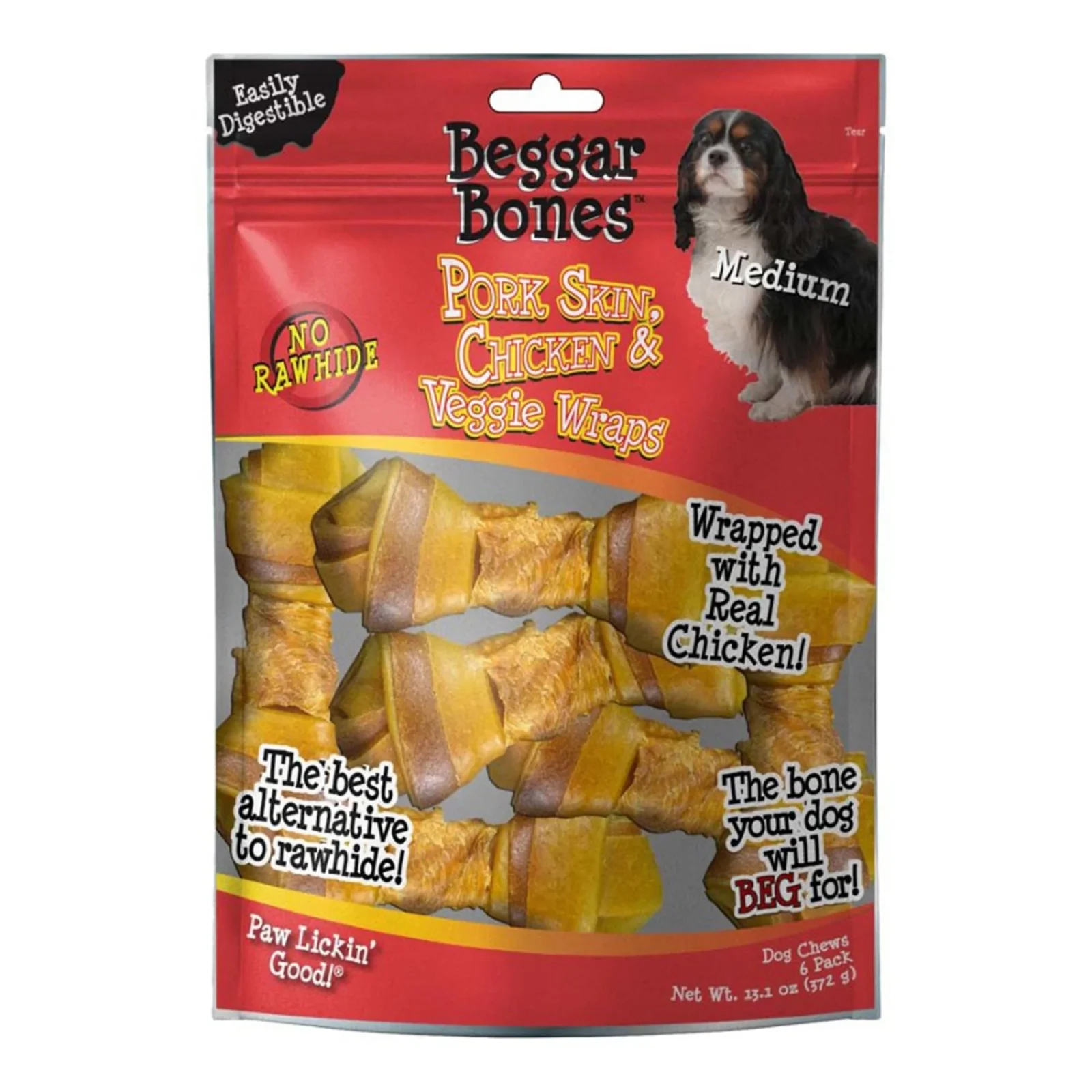 Savory Prime Beggar Bones Pork Skin, Chicken & Veggie Wraps Dog Treats Medium, 6 ct