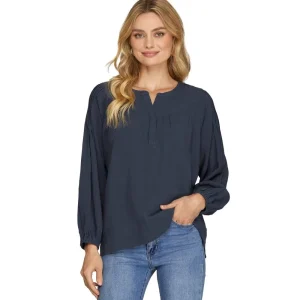 She & Sky Womens Navy Pintuck Long Sleeve Top