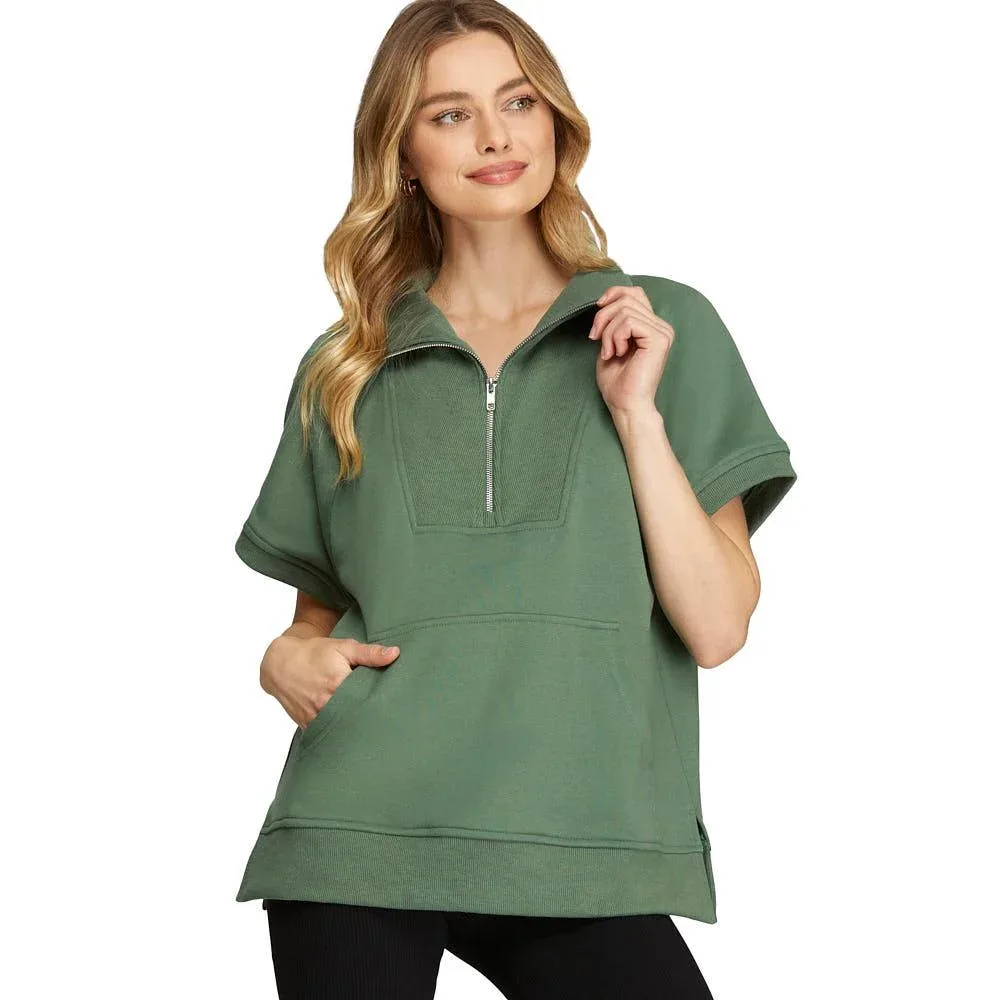 She & Sky Women's Slate Green Half Zip Top