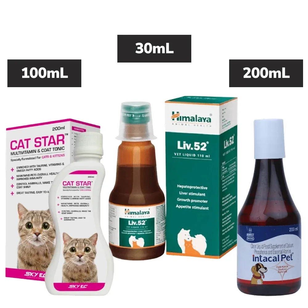 Skyec Multivitamin Syrup, Himalaya 52 Liver Tonic and Intas Calcium Supplement Combo for Dogs and Cats