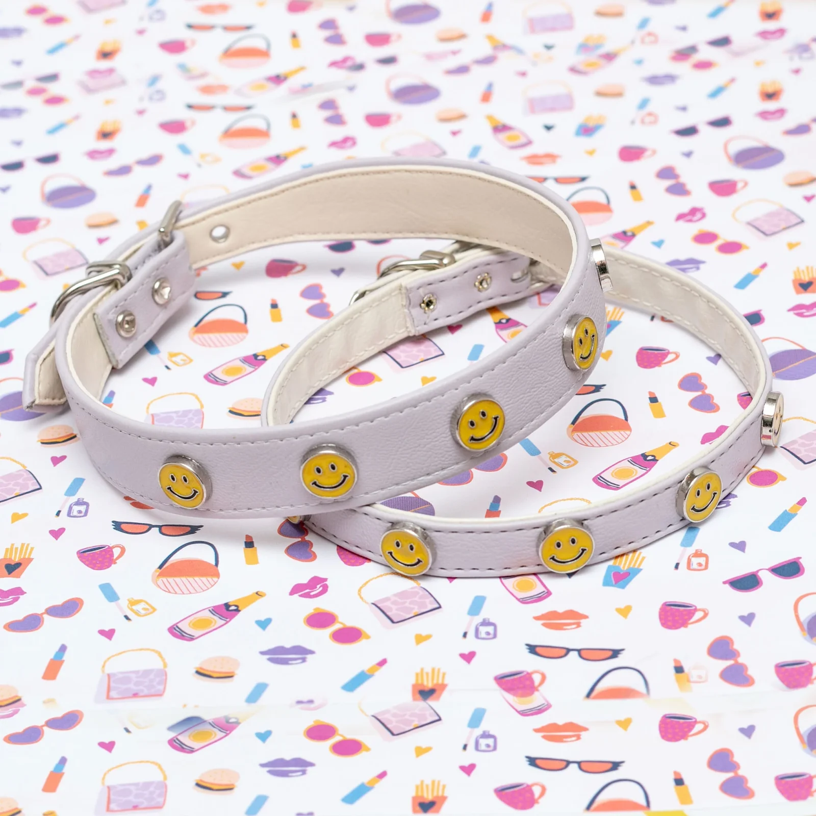Smiley Face Vegan Leather Dog Collar in Lightest Lilac (Made in the USA) <>