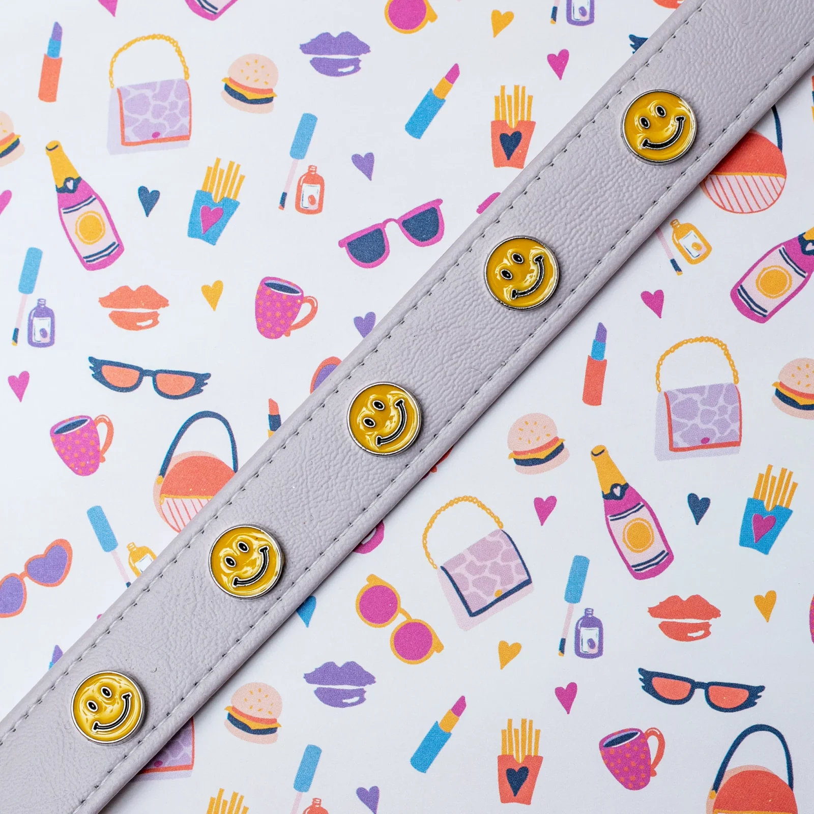 Smiley Face Vegan Leather Dog Collar in Lightest Lilac (Made in the USA) <> - Image 2