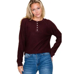Staccato Women's Burgundy Long Sleeve Henley Pull Over