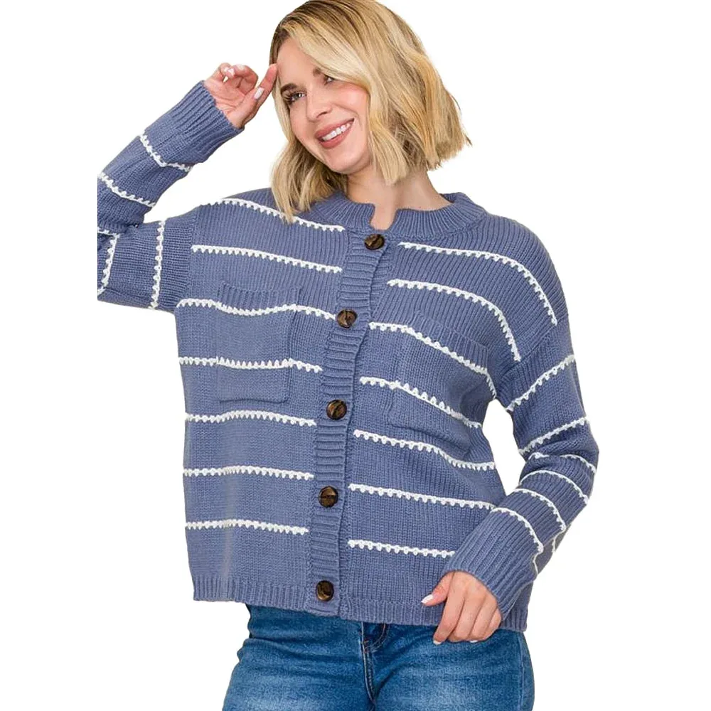 Staccato Women's Denim High Neck Textured Stripe Top - Image 2