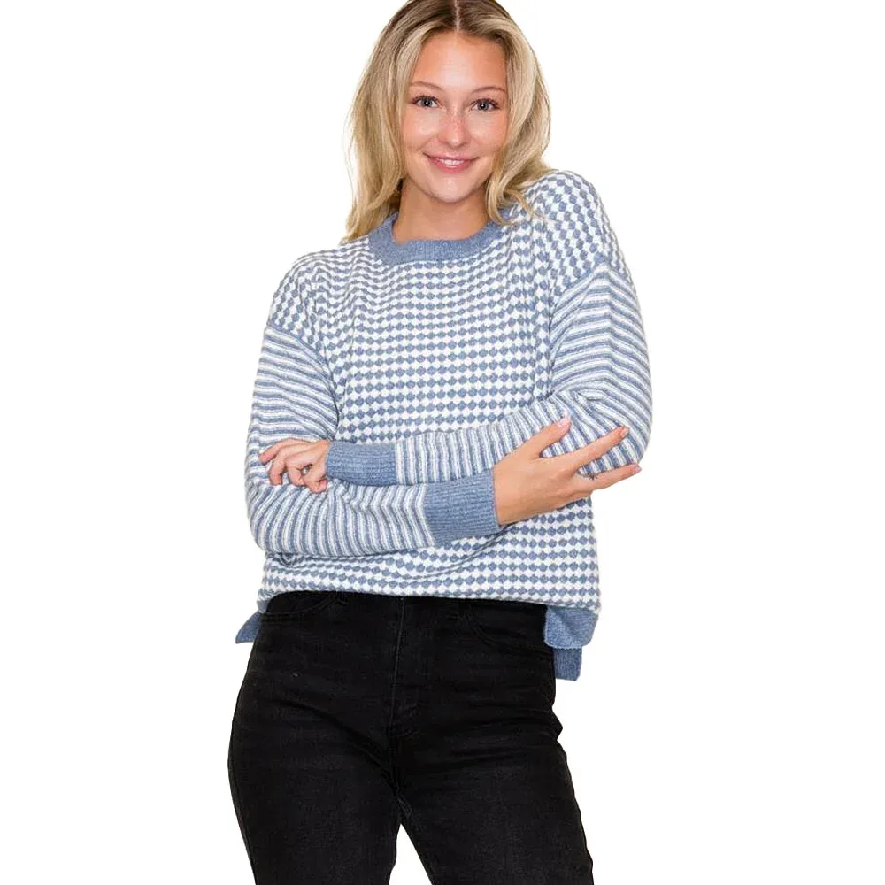 Staccato Women's Slate Blue Checkerboard Striped Top - Image 2