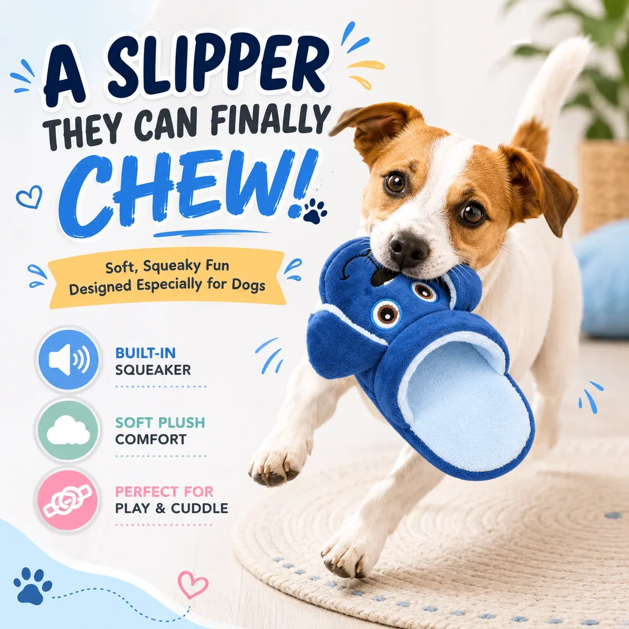 Talking Dog Club Doggie Dog Slipper Squeaky Plush Toy for Dogs (Blue) - Image 2