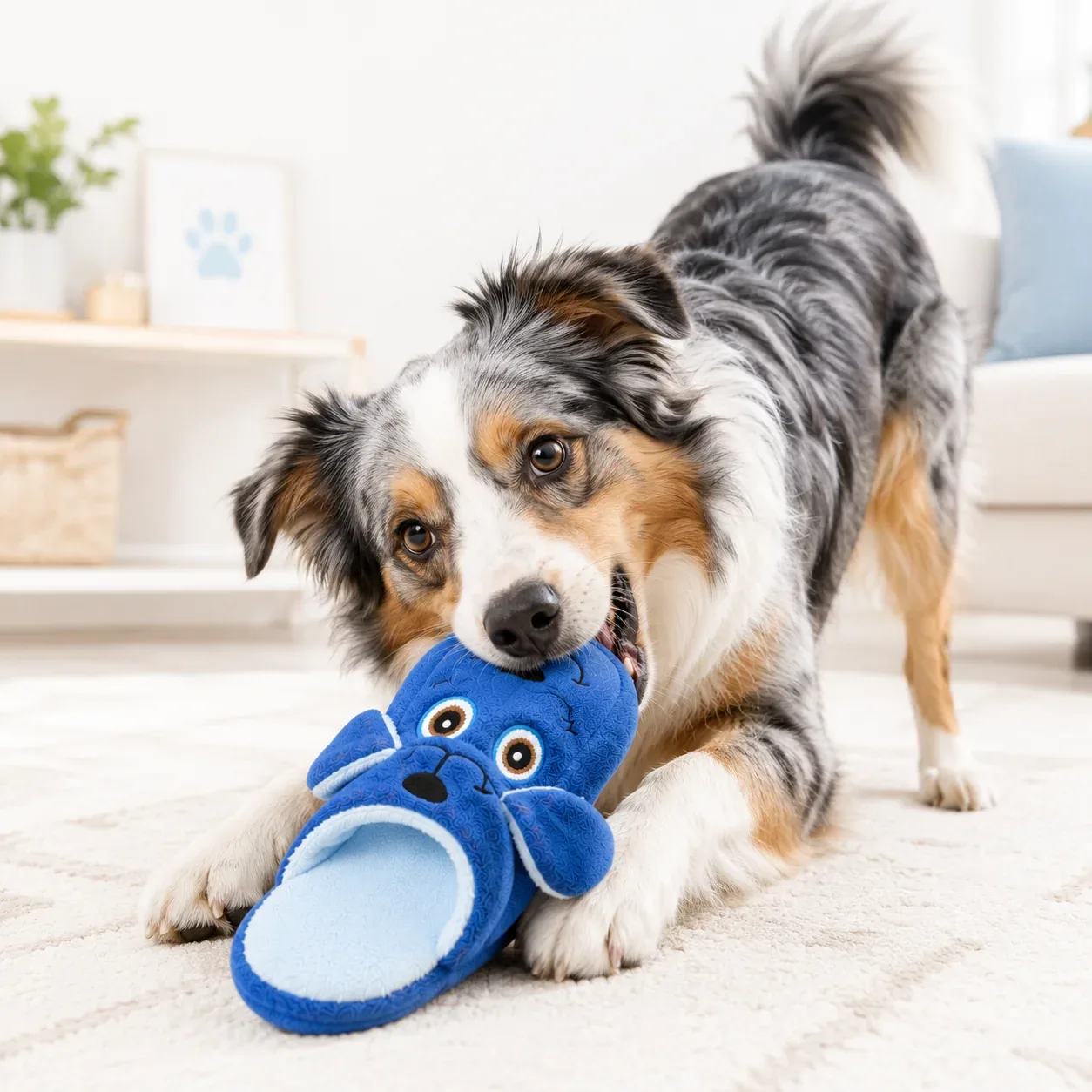 Talking Dog Club Doggie Dog Slipper Squeaky Plush Toy for Dogs (Blue)