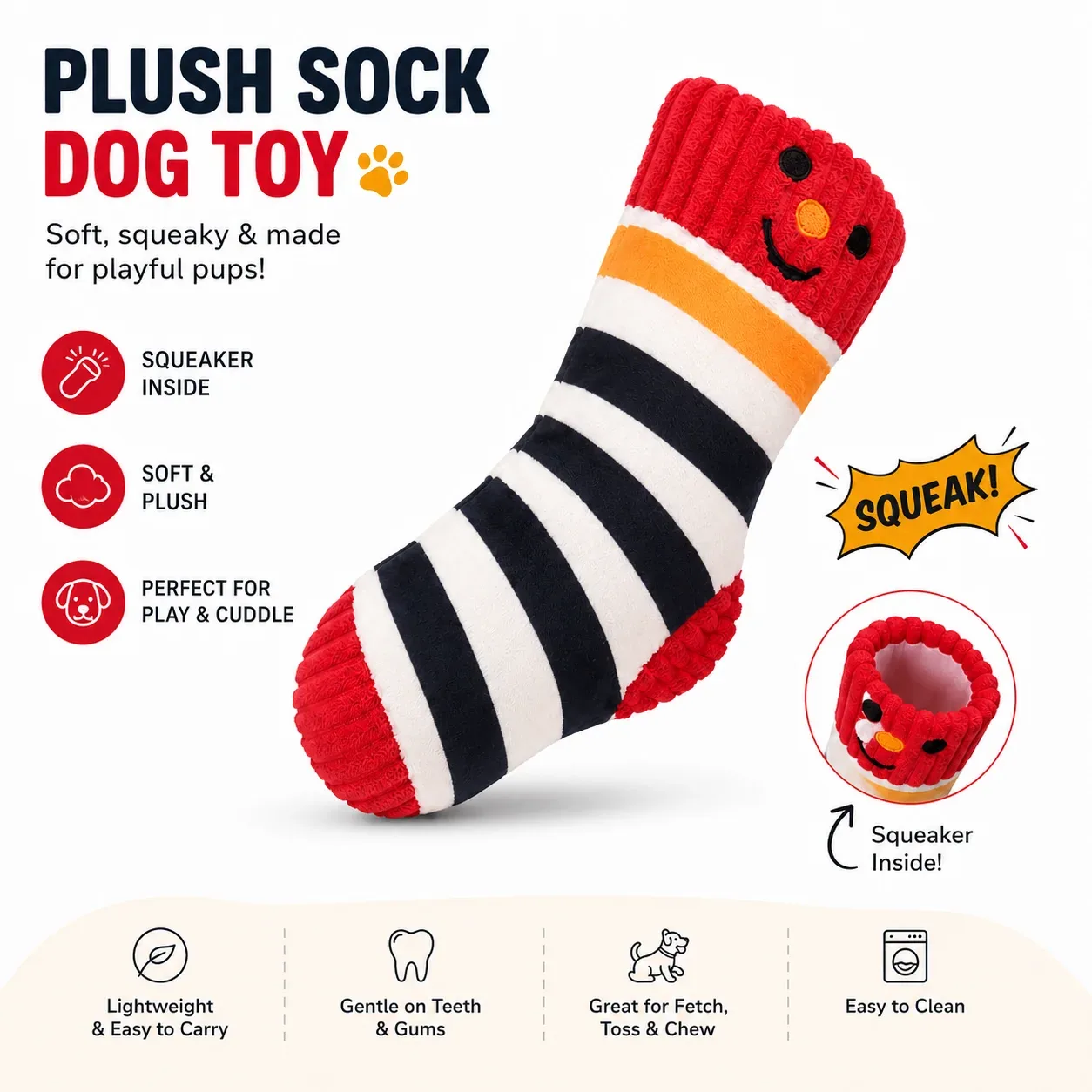 Talking Dog Club Mr.Socks Stripy Squeaker Plush Toy for Dogs (Red/Black) - Image 2