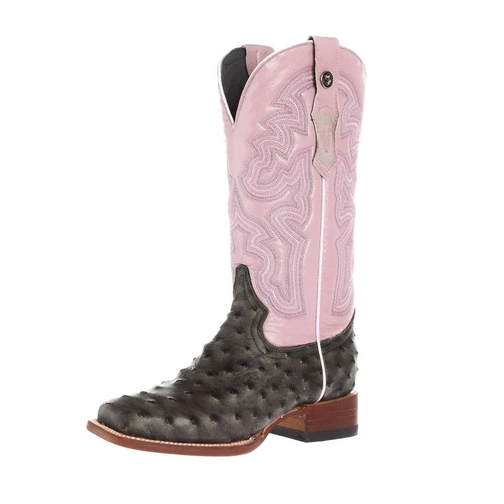 Tanner Mark Boots Womens Grey Ostrich Print With 12In Metallic Violet Top Cowgirls Boots