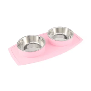 Top Paw® Non-Slip Mat Dog Bowl Set, Stainless Steel 16 OZ Bowls, Grey/Pink, 15.7" X 8.58" X 1.81"