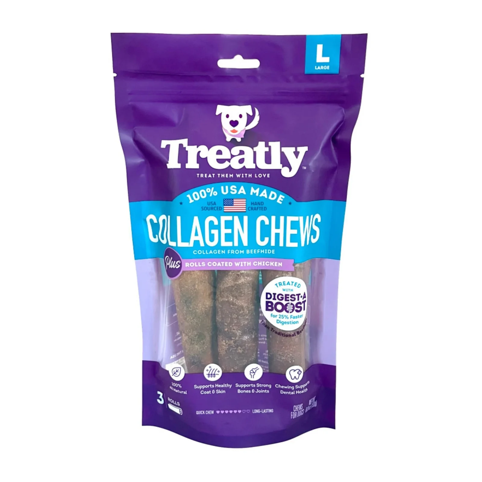 Treatly Collagen Chew Rolls Dog Treats, Chicken, LG, 3-Pack