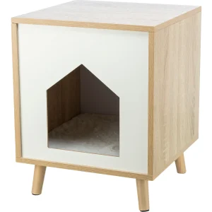 TRIXIE Isa Indoor Wooden Cat Condo, Modern Cat Bed Side Table with Cozy Cushion, Brown/White
